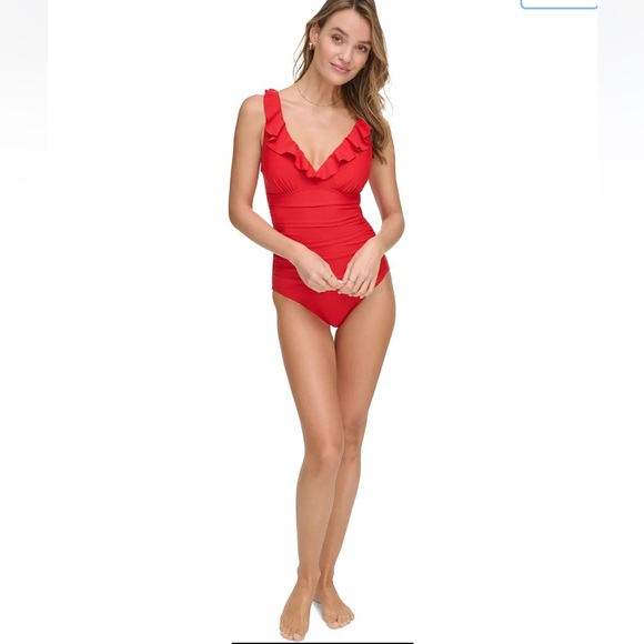 DKNY NWT Ruffle Plunge Underwire Tummy Control One-Piece Swimsuit Size S/P - Picture 3 of 16